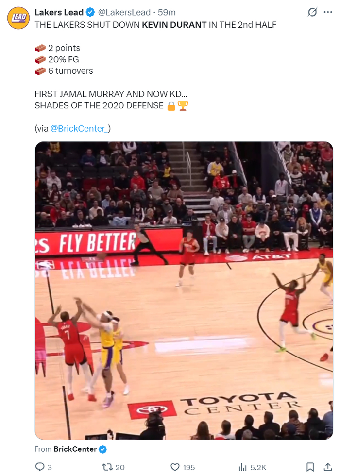 杜兰特下半场崩盘 火箭惨败湖人